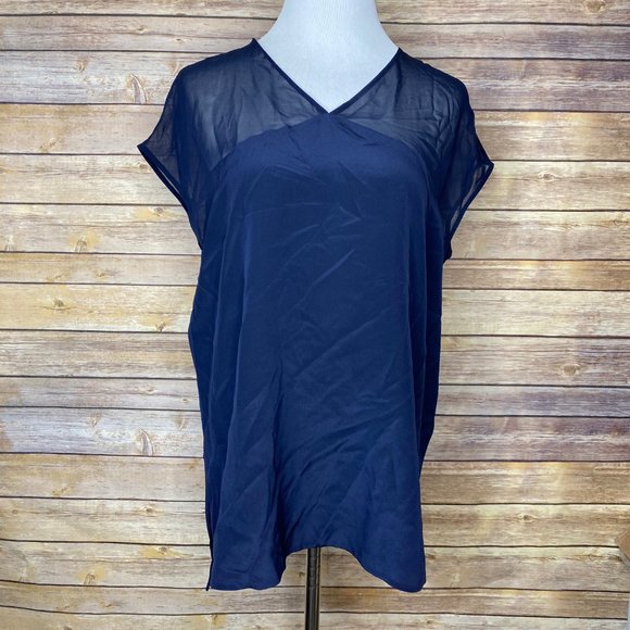 Vince Tops - Vince Cap Sleeve Sheer Yoke Silk Blouse Indigo